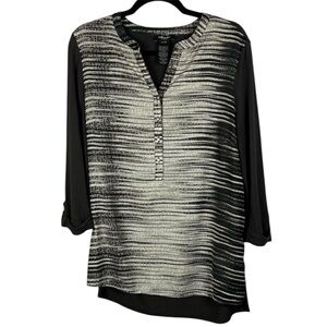 Olsen Europe Mixed-Media Henley Black Charcoal Cream Henley S/M Tunic Blouse